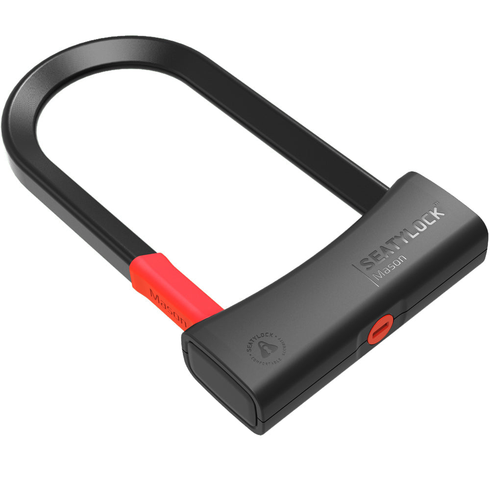 A black and red Mason 180 U-Lock with a security scale rating of 19, marketed as the world's lightest lock in its category.